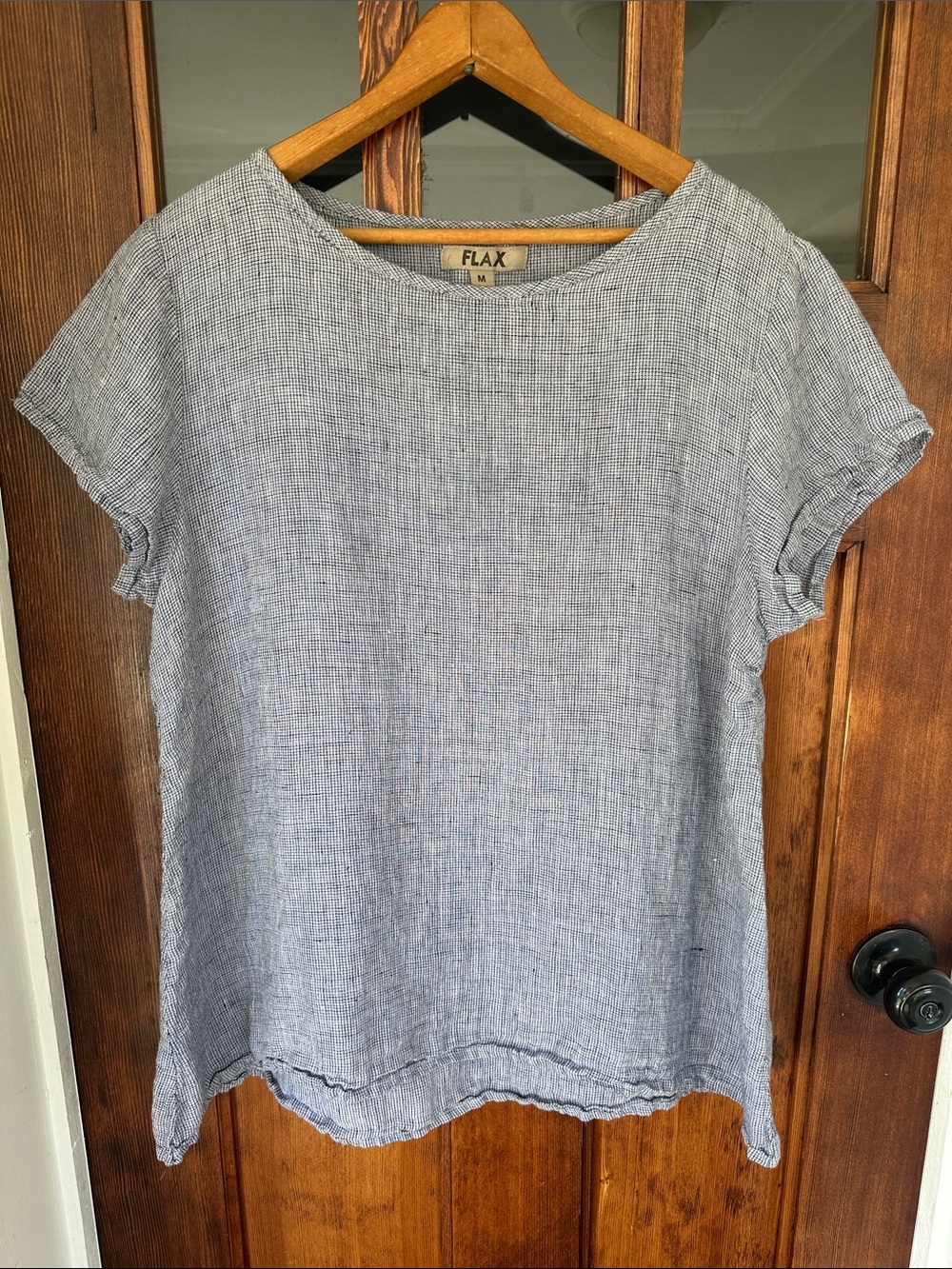 FLAX Linen Blue Micro Check Grid Top Blouse Size M Affirmation Tag Lagenlook